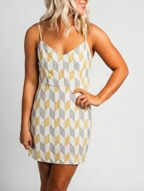 Lush Mini Dress Cream Gold Black Print Size Large